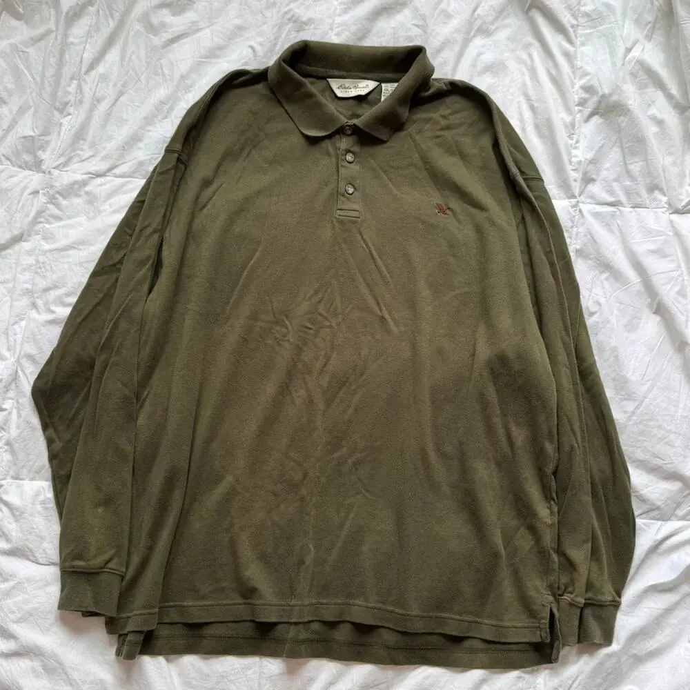 eddie Bauer Olive green soft long sleeve polo shirt  XXL grunge preppy‎ academia